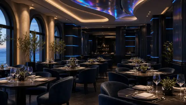 Restaurante con mesas preparadas y luz iridiscente